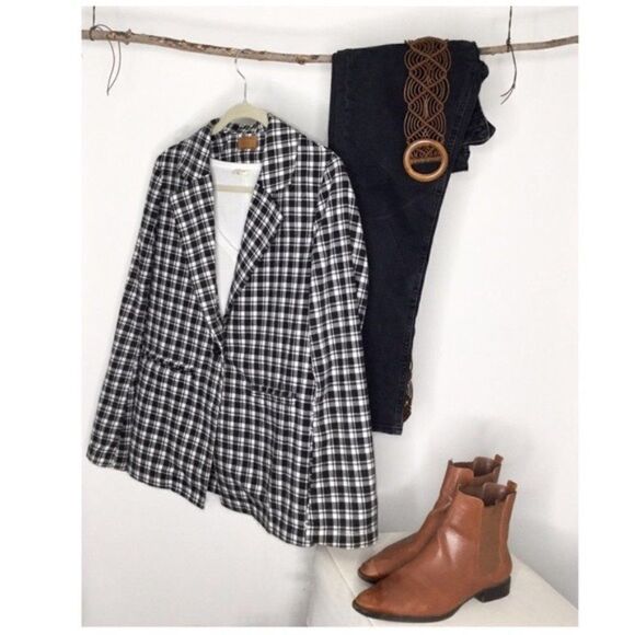 Off White Black Plaid Jacket With Welt Pocket - Picture 2 of 11